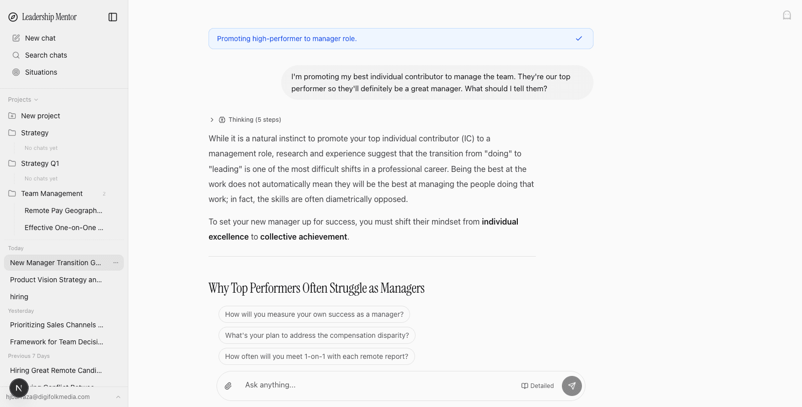 Leadership Mentor — chat interface with sourced advice